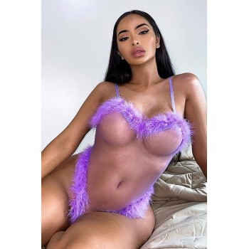 Woman Teddy Fluff Sexy Lingerie Jumpsuit Solid Color Mesh See-through Sling Sexual One-piece Pajamas Sex Toy for Pleasantness